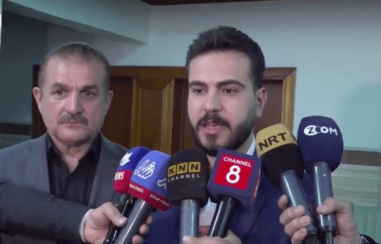 Iraqi journalist Omed Baroshky speaks to media after his release on bail on February 22, 2024.